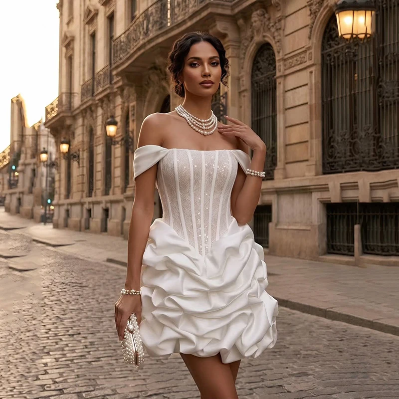 

Eightree Women Short Wedding Dresses Boho Strapless Sequines Lace Mini Bridal Dress Women Evening Wedding Prom Gowns Customized