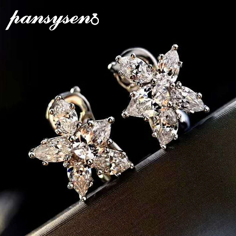 

PANSYSEN New Sparkling 925 Sterling Silver High Carbon Diamond Flower Hoop Earrings for Women Wedding Engagement Fine Jewelry
