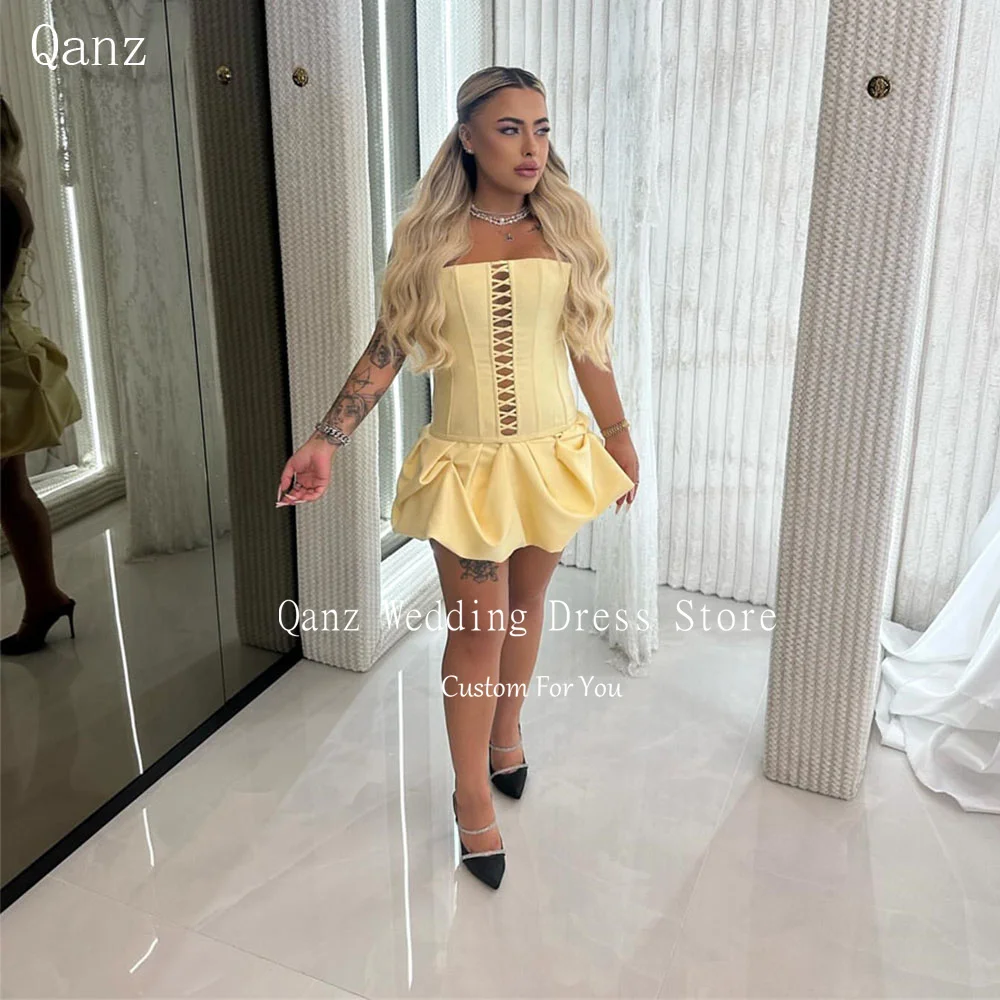 

Qanz Yellow Satin Prom Dresses Strapless Mini Vestidos Para Eventos Especiales Lace Up Back Birthday Party Gowns Customized