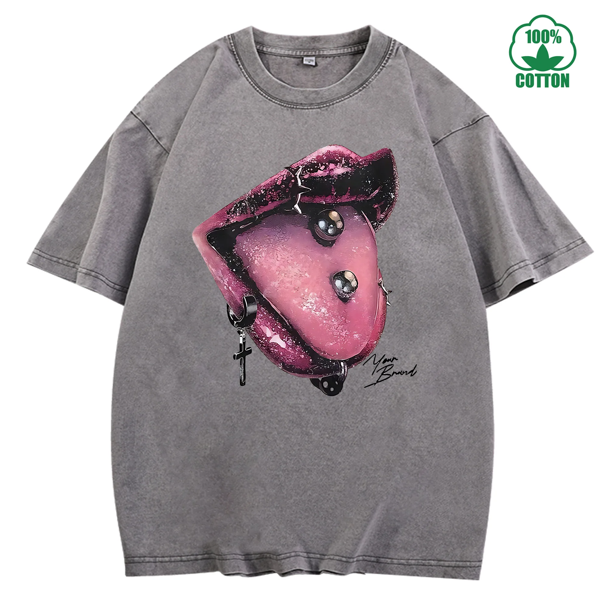 تي شيرت مغسول عتيق للشفاه الشريرة 230 جرام 100% قطن مريح كبير الحجم ملابس الشارع للجنسين #3