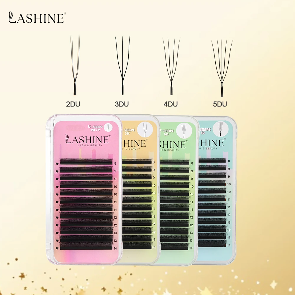 Lashine U Shaped Eyelash Extension 0.07mm 2DU 3DU 4DU 5DU Lashes Super Soft Parallel Premade Fan Lashes C/D Curl Makeup Tools