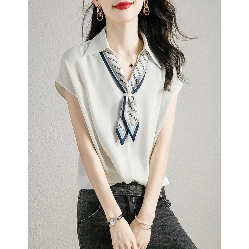 

Women Summer Simplicity Office Lady Contrasting Colors Short Sleeve Shirts Ladies Fashion Lacing All-match Temperament Tops