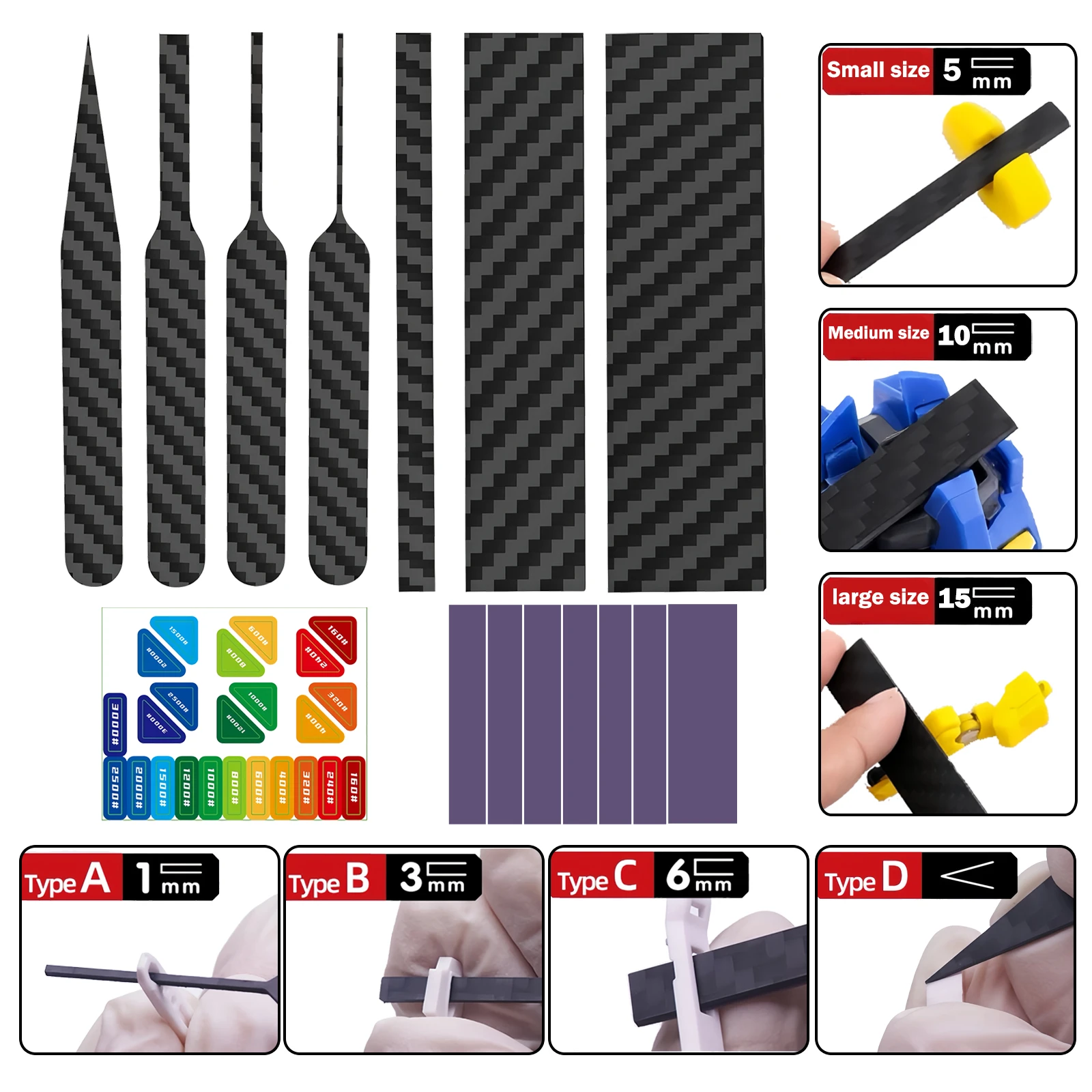 

7 PCS Carbon Fiber Sanding Sticks,5MM/15MM/20MM Plates+4 PCSIrregular Detail Sanding Set for Scale Model Grinding Polishing Tool
