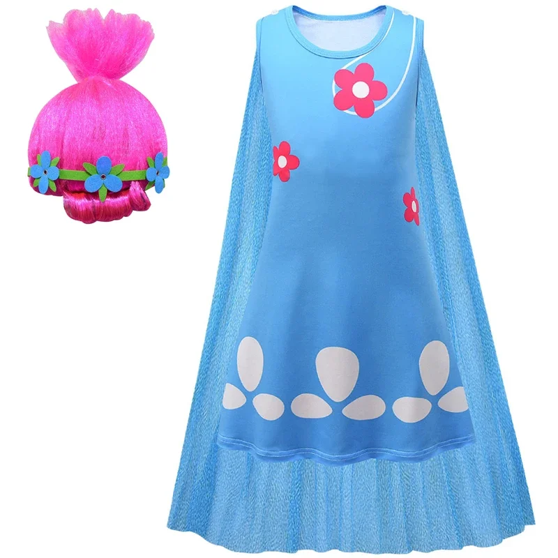 Trolle 2 Halloween Mädchen Trolle Kostüm Sommer Prinzessin Mohn Kleid Kinder Maskerade Kleider Karneval Cosplay Perücken für Kinder