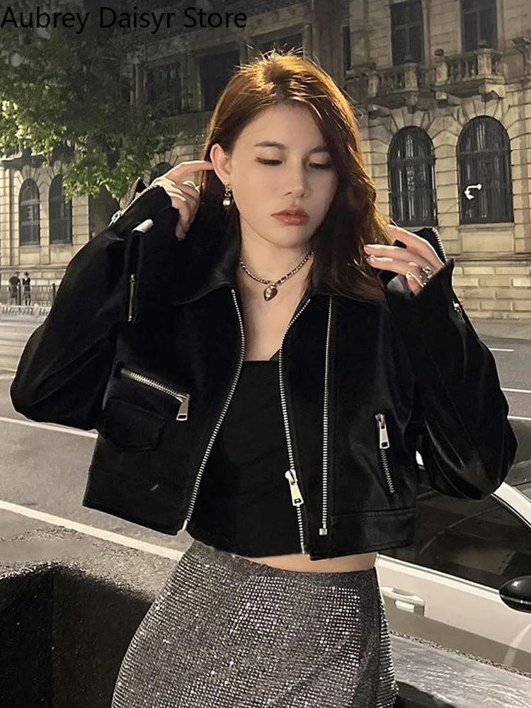 Black Cropped Leather Jacket Women Streetwear Moto Biker Zipper Leather Jacket Punk Winter Irregular Faux Fur Aviator Coat New