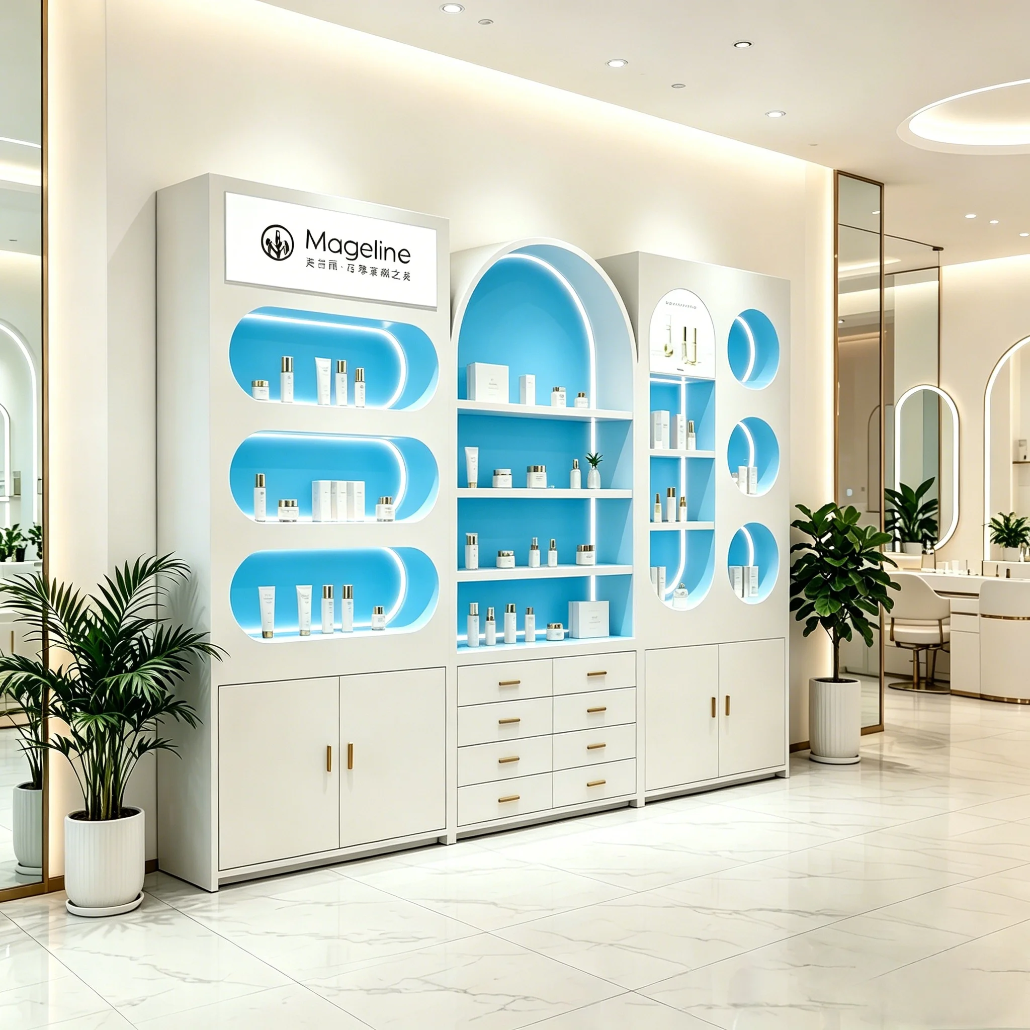 * High-End Wood Beauty Salon Supermarket Rack Display Cabinet with Light for Makeup Display Cabinet Rack
