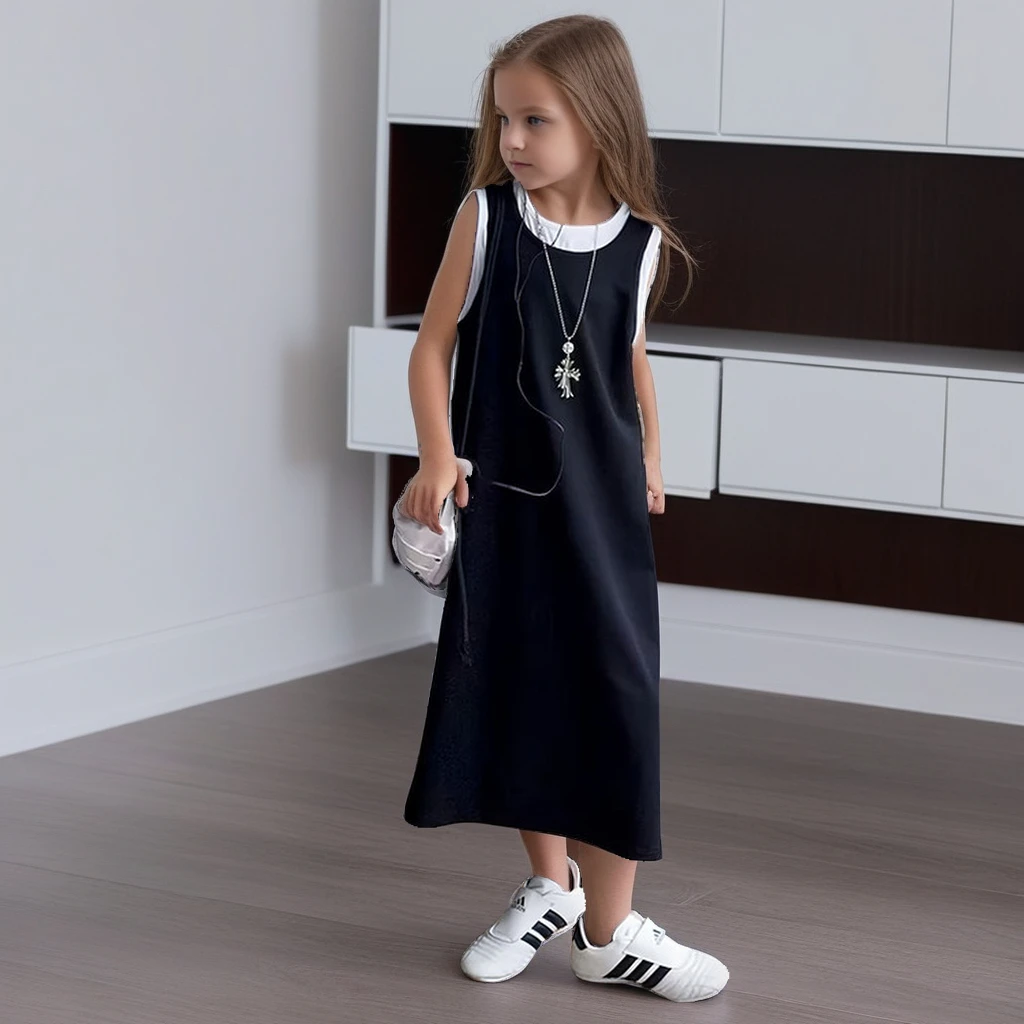 

2025 Summer Girls Long Dress Casual Fake 2-Piece Sleeveless Patchwork Vest Knit T-Shirt Dress Stylish Children Clothes 8 10 12 Y