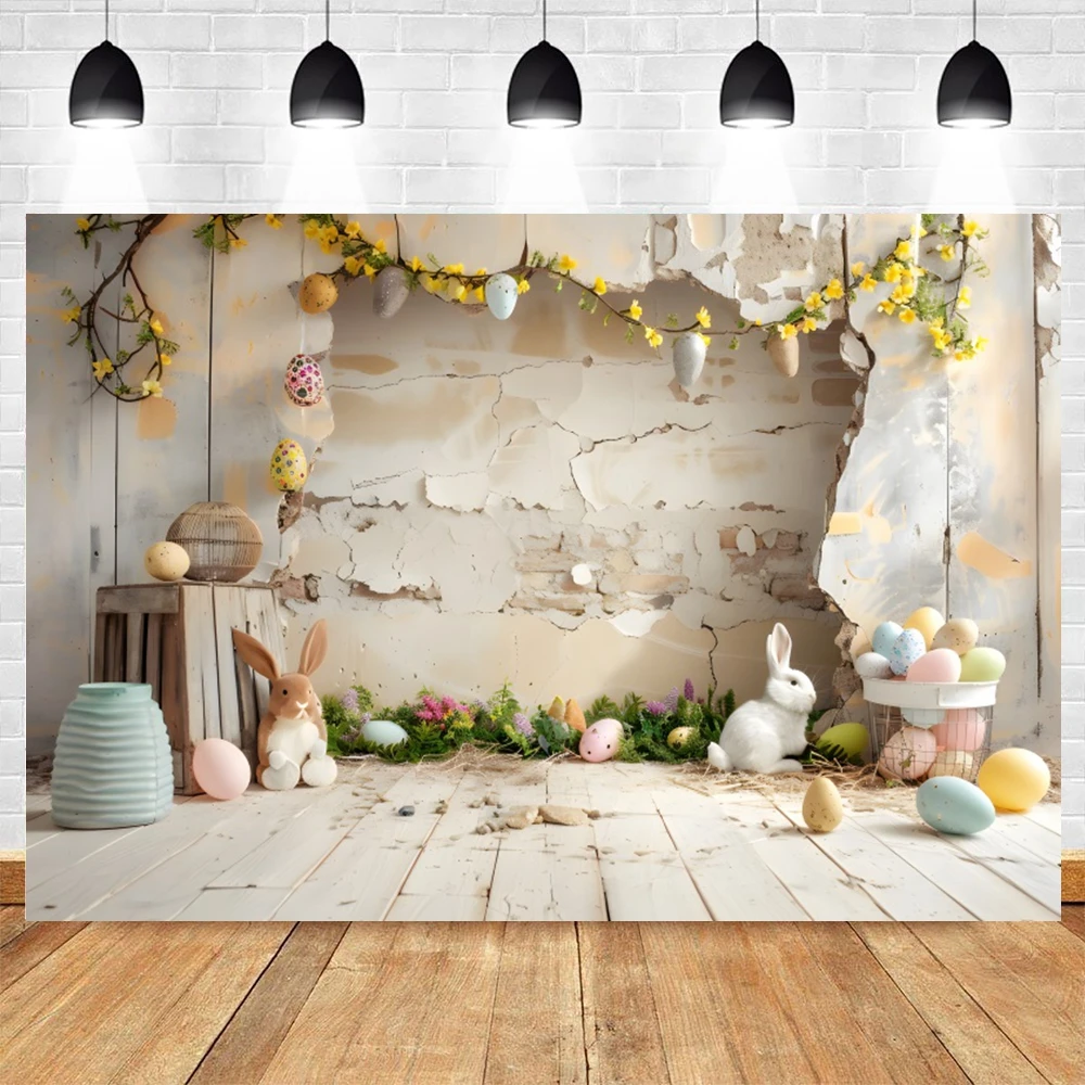 幸せなイースターデーの背景レンガの壁、木の板、春の花、ウサギ、イースターエッグ、ウサギの肖像画、写真の背景、子供のための小道具