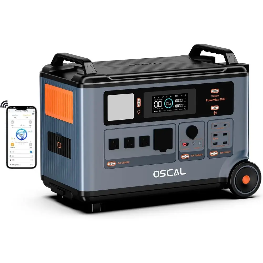 

OSCAL Portable Power Station 3600Wh PowerMax 6000, Expandable to 57.6kWh, 120V/240V AC Outlets, 6000W(9000W Peak),1.96H ast Char