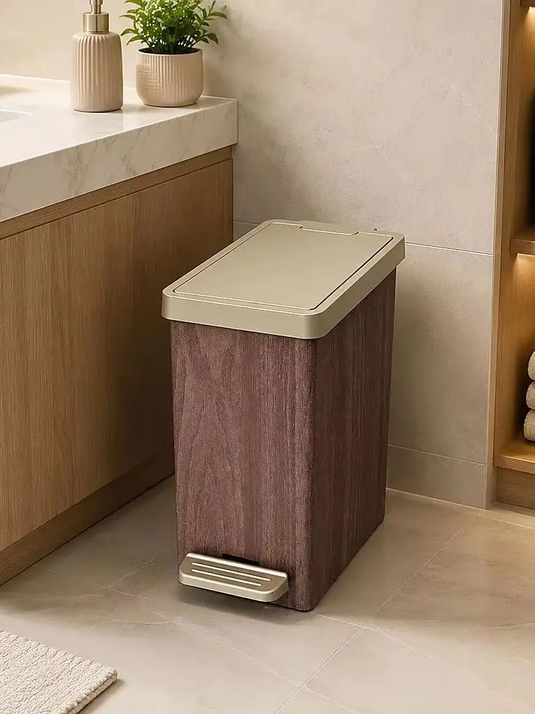 Wood Grain Square Pedal Trash Can, Plastic Step‑On Garbage Bin with Removable Inner Bucket, Odor‑Proof Lidded Waste Bin with Gold Accent for Bathroom Kitchen Bedroom Office Home