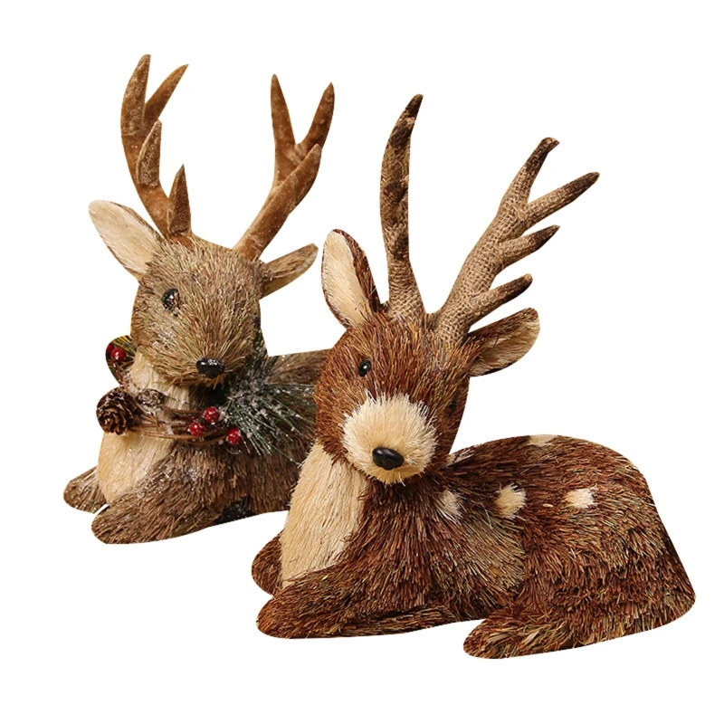 

Straw Grass Elk Ornament Woven Christmas Sitting Deer Doll Animal Figurine Decor