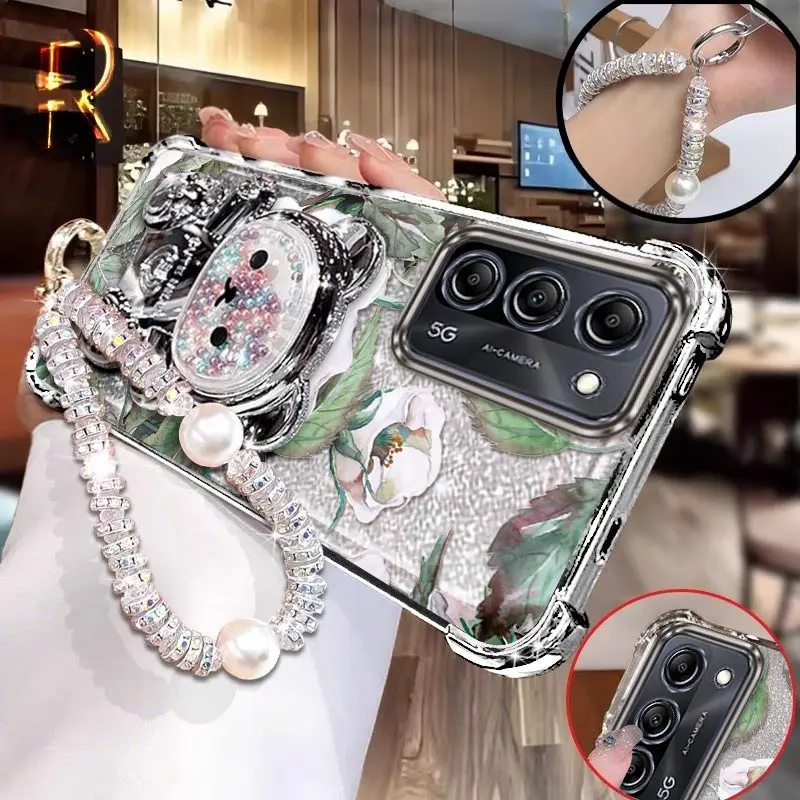 

A 55 White flowers prints Bracelet Holder Phone Case For Samsung A32 A56 A35 A36 A73 A53 A26 A55 A52 A33 A23 A34 A54 A51 Cover