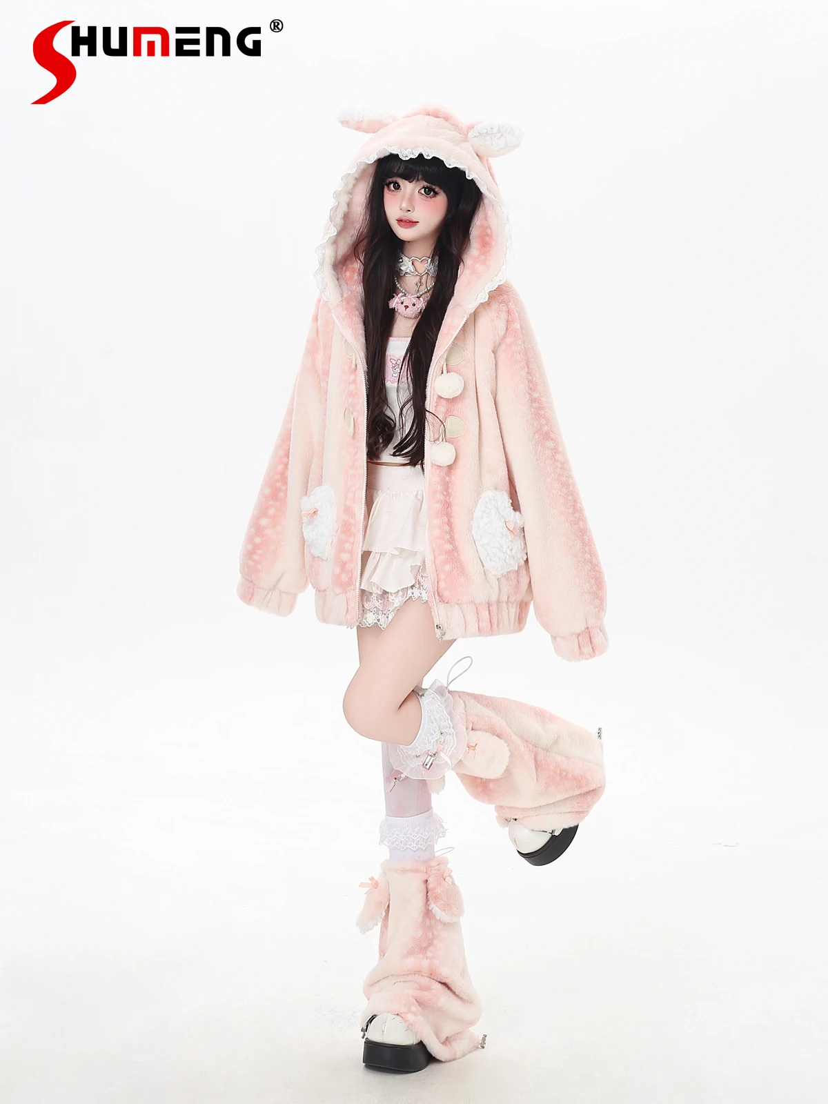 2025 الشتاء عيد الميلاد الحلو لطيف الغزلان مقنعين سترة القلب جيب فضفاض عادية سستة أفخم سترات معطف للنساء مع جوارب السيقان #2