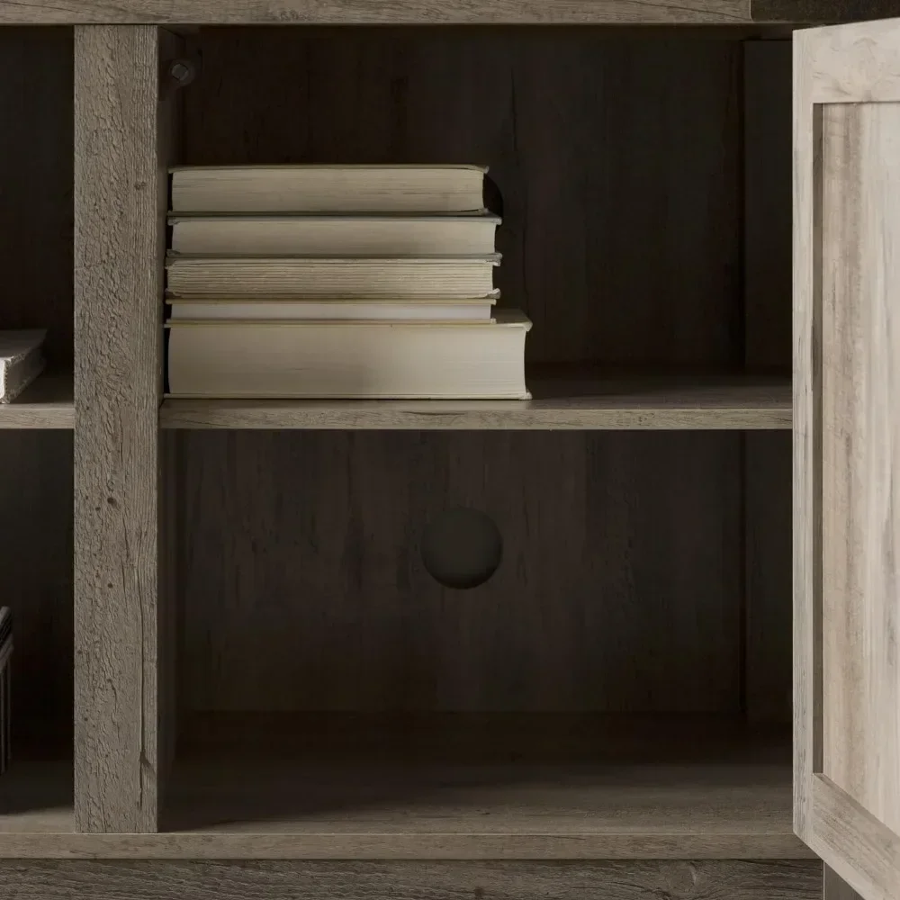 Suporte de TV moderno com porta dupla de celeiro para TVs de até 65 polegadas, 58 polegadas, cubículo de armazenamento aberto e 3 prateleiras ajustáveis, cinza