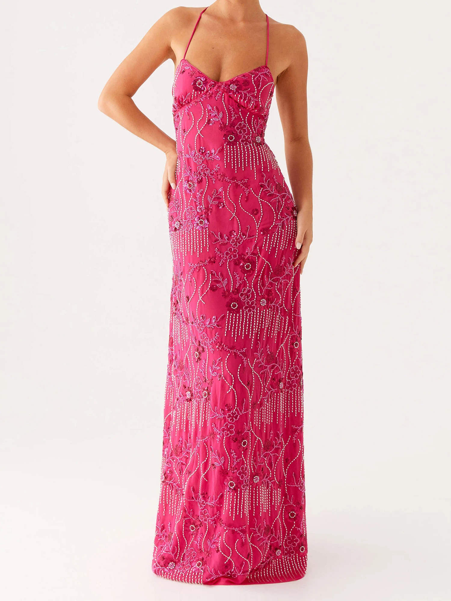 Elegant Floral Embroidered Maxi Dress with Sequins Detailing Sleeveless V-Neck Cami Dress for Summer Stylish Cross Back