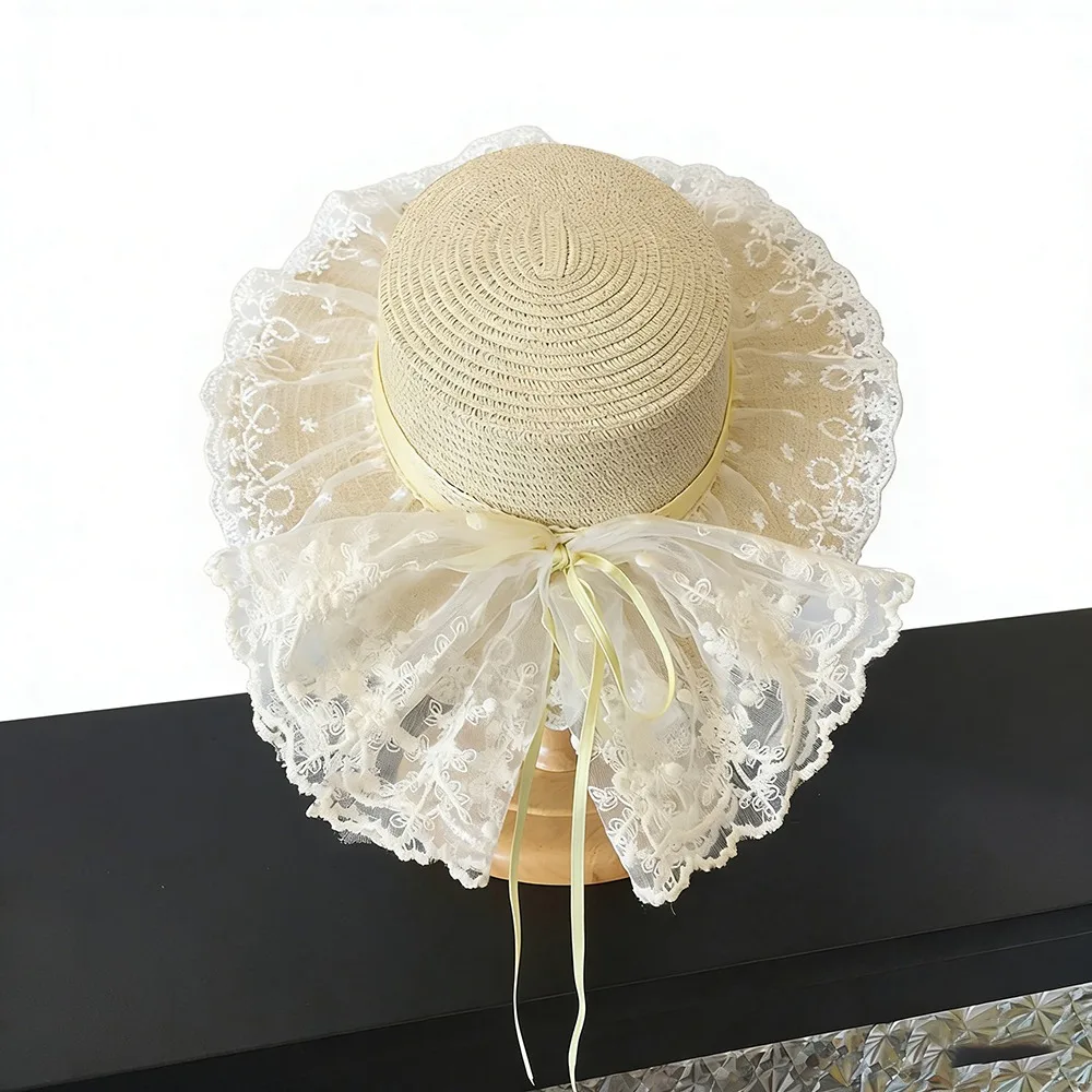 

Elegant Lace Bow Sun Hat Adjustable Breathable Straw Wide Brim Hat Lace Ruffle Sun Visor Hats Summer Beach