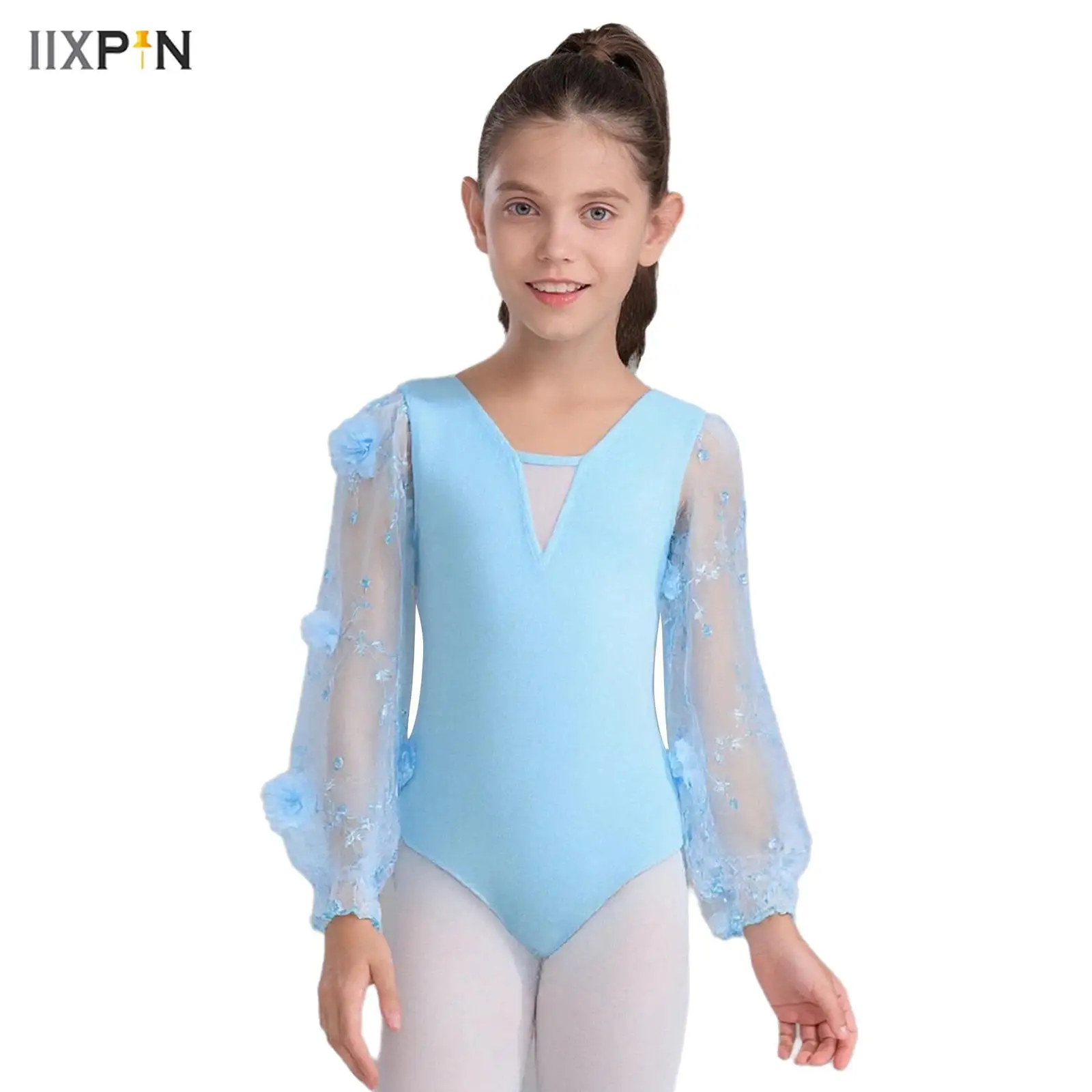 

Kids Girls Ballet Leotard V-Neck Flowers Embroidery Sheer Mesh Long Puff Sleeves Dance Leotard Professional Ballet Dance Costume
