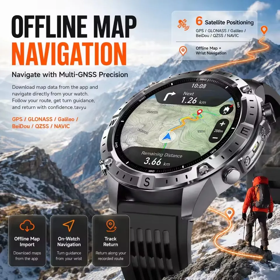 2026 New Outdoor Sports Offline Map Smart Watch Built-in GPS 3ATM Waterproof Swim Compass Altimeter Men Military Smart Watches