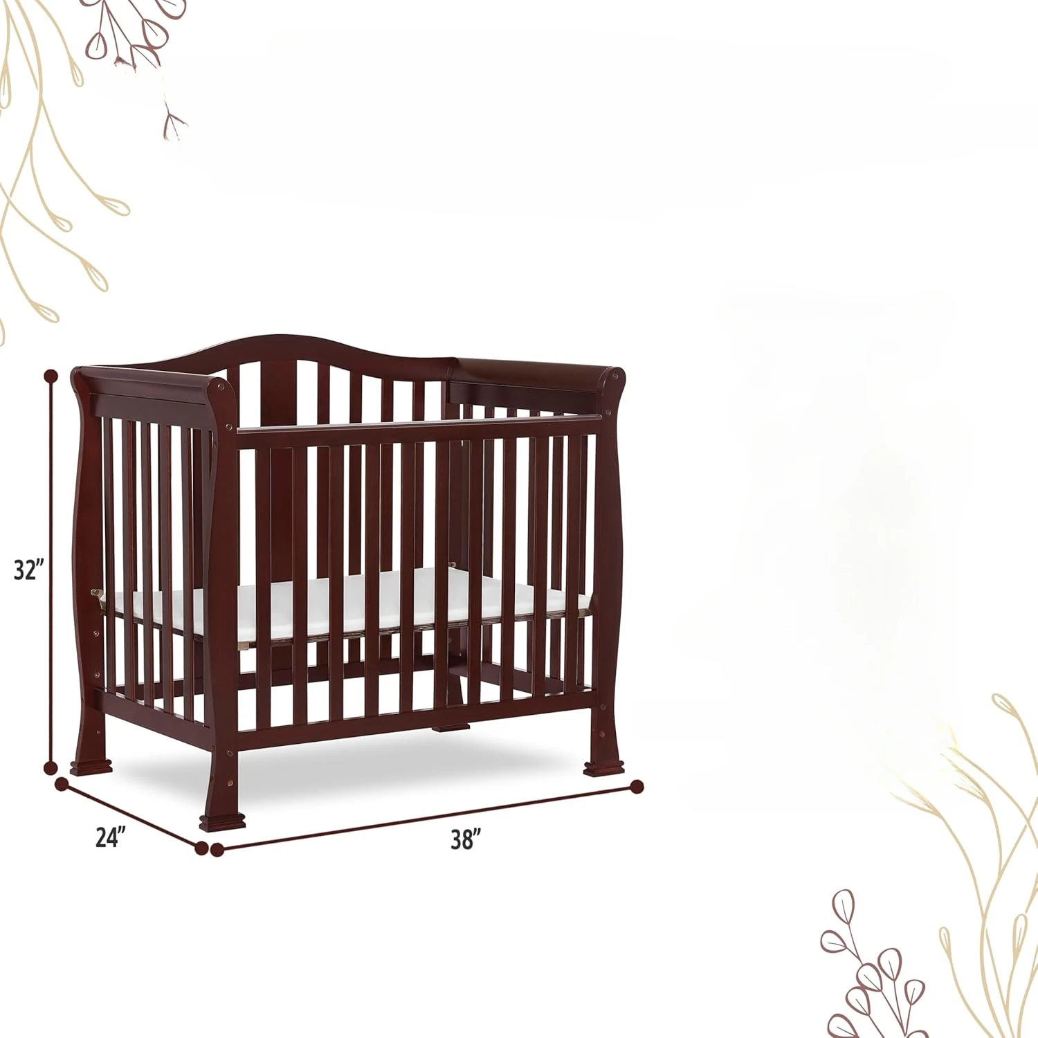 Convertible Mini Crib in Espresso, Non-Toxic Finishes, Built of New Zealand Pinewood, Comes with 1” Mattress Pad