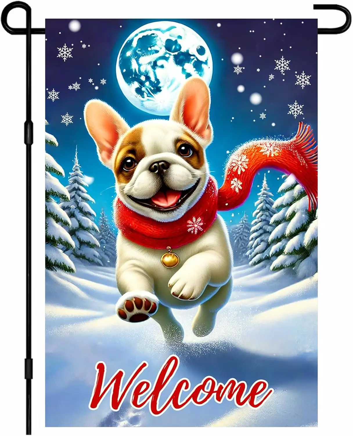 INV Winter Garden Flag Double Sided Festive French Bulldog Yard Garden Flags Porch Outdoor Seasonal House Lawn Snowy Moonlit SSL