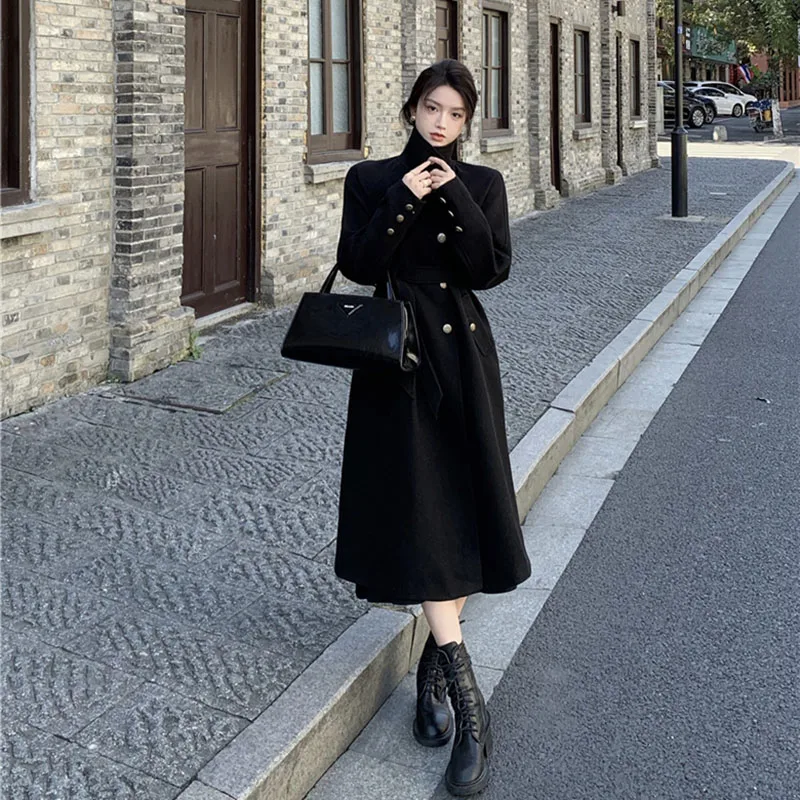 Retro Wool Coat Women\'s 2024 Spring Autumn New High-Quality Temperament Black Long Woolen Jacket Korean Fashion Luxury Outerwear