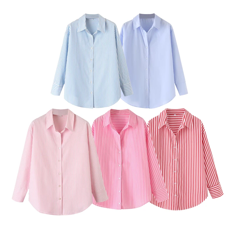 

Tops Shirts Spring Women's 2025 New Chic Striped Elegant Loose V-neck Women's Shirts Street Casual Fashion Youth Office Blouses
