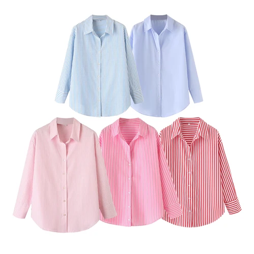 Camisas de otoño para mujer, blusas nuevas elegantes a rayas, camisas holgadas con cuello en V para mujer, camisetas informales de calle a la moda para jóvenes y oficina 2025