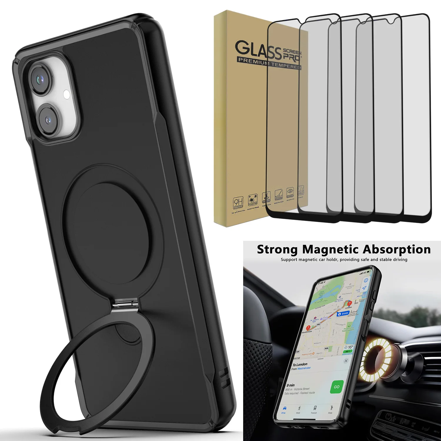 

Черный чехол для Samsung Galaxy A06 5G, магнитное противоударное кольцо, подставка и 2 шт., прозрачное закаленное стекло, защитные пленки для экрана