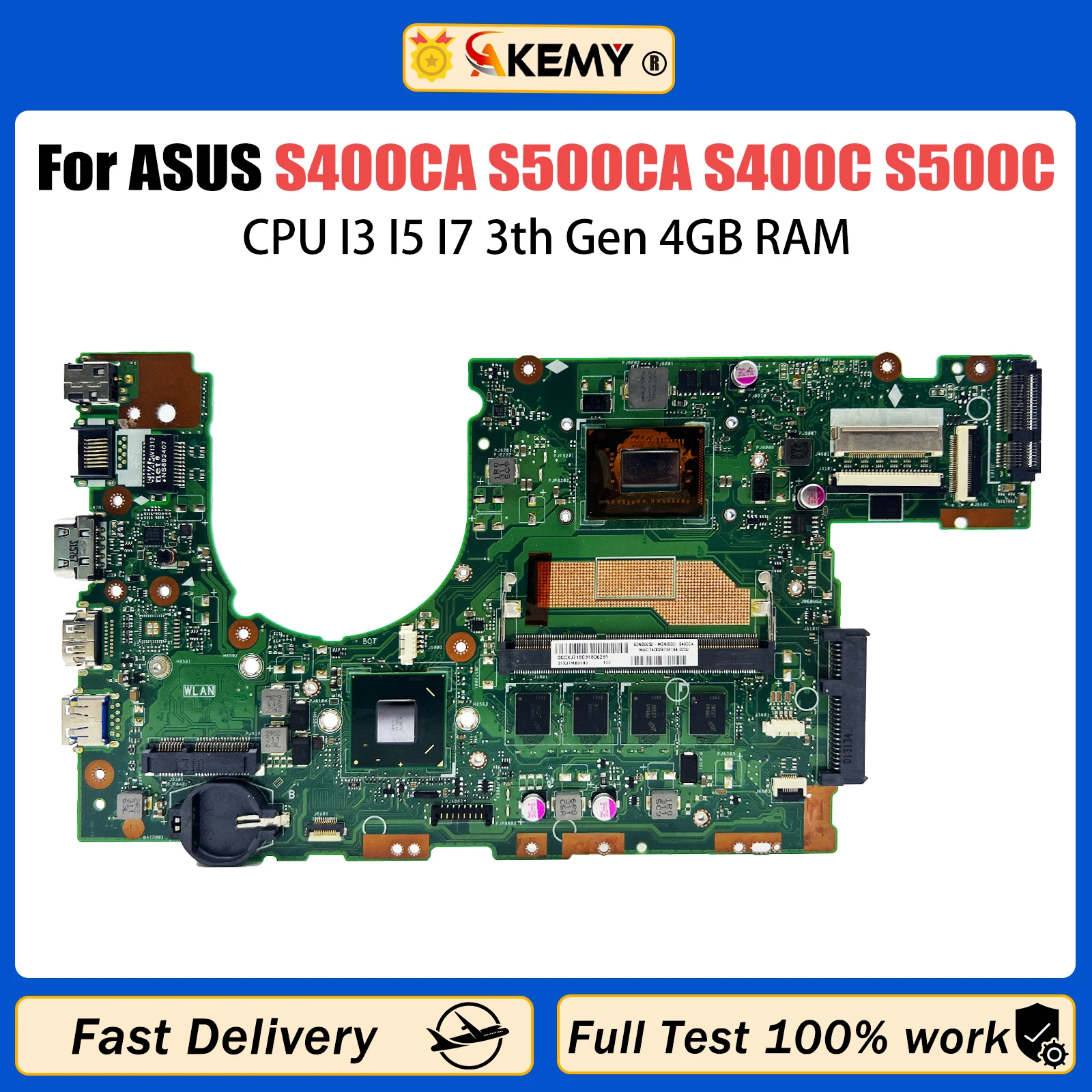 

AKEMY S400CA Mainboard For ASUS S500CA S400C S500C S400 S500 Laptop Motherboard With CPU I3 I5 I7 3th Gen 4GB RAM Fully Tested