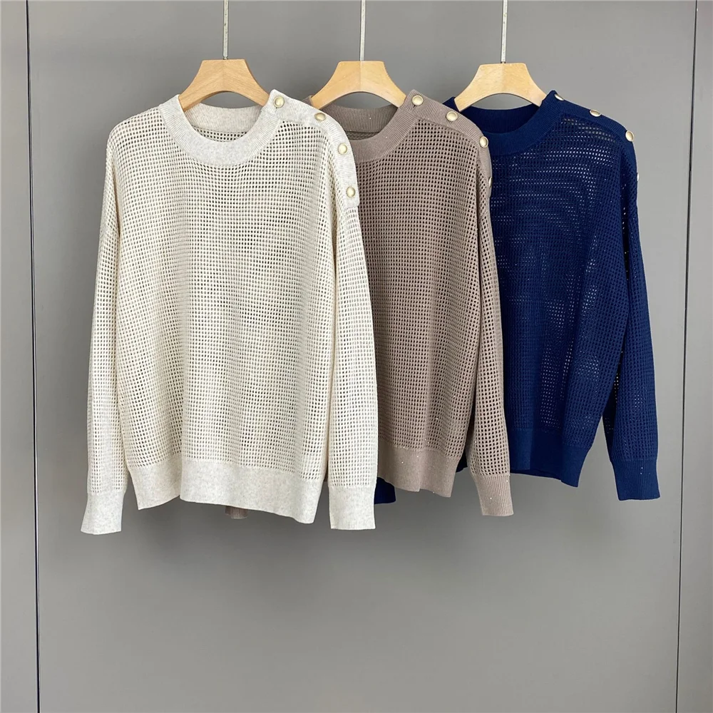 Damen-Pullover mit Rundhalsausschnitt aus Leinen mit Pailletten und durchbrochenem Strickmuster, langärmlig, stilvoll und vielseitig