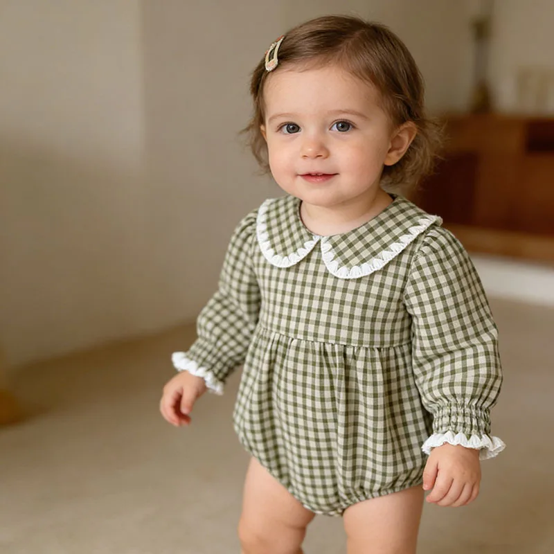 

Детский комбинезон UNITIM 2026 для новорожденных девочек, весенний, с длинным рукавом, хлопковый, в зеленую клетку, милый комбинезон-боди для девочек