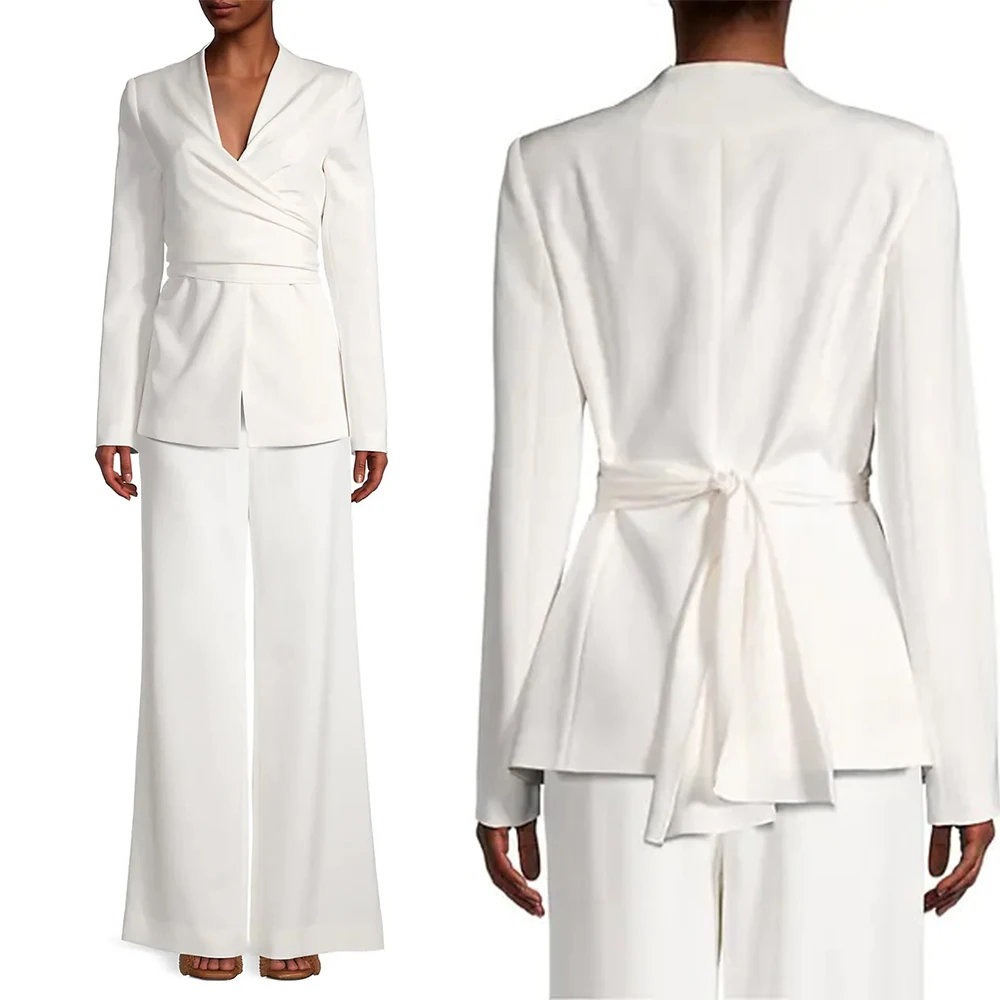 

White Bridal Wedding Tuxedos Pleats Women 2 Pieces Loose Leg Pants Suits Mother of the Bride Guest Formal Wear Coat Jacket