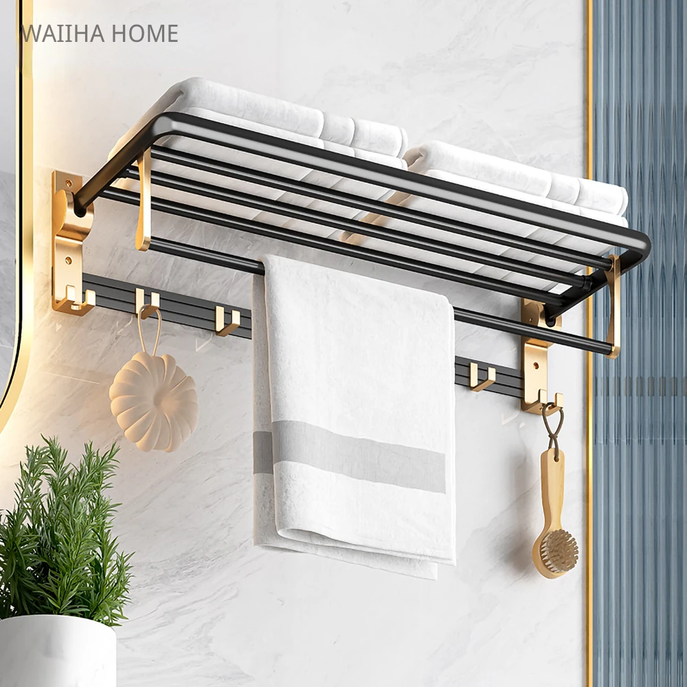 

50/60cm Towel Hanger Rack Shower Holder Bathroom Accessories Fold Wall Organizer Hook Bath Black Gold Aluminum Storage Shelf