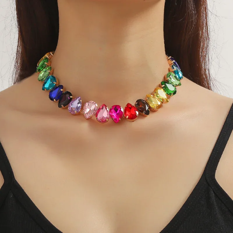 FYUAN Water Drop Colorful Crystal Choker Necklaces for Women Geometric Clavicle Chain Necklaces Statements Jewelry