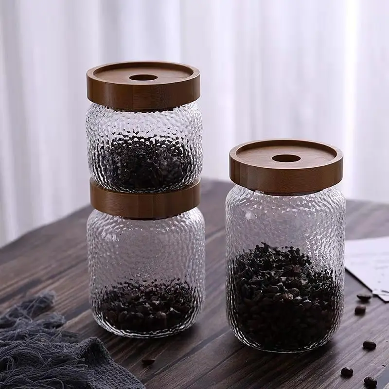 

Acacia Wood Hammer Pattern Glass Sealed Container Storage Tank Tea Can Dry Fruit Flower Tea Glass Bottle Kitchen Accessories