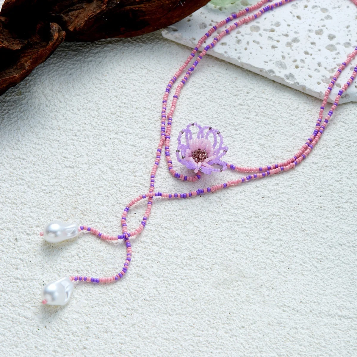 Böhmische handgefertigte Halskette mit gewebten Reisperlen und Blumenmuster für Damen, barocke Kunstperlen-Quastenkette, lange Pulloverkette, Schmuckstück – Detail 28