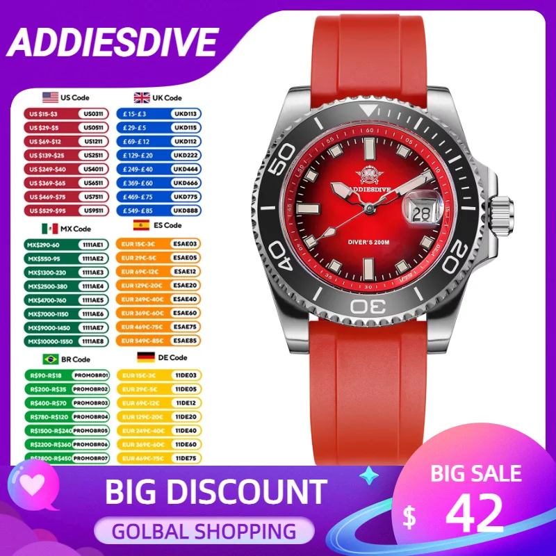 ADDIESDIVE Jam Tangan Pria Modis Jam Tangan Kuarsa Bercahaya Baja Tahan Karat Bercahaya 200M Jam Tangan Keramik Bezel Reloj Hombre