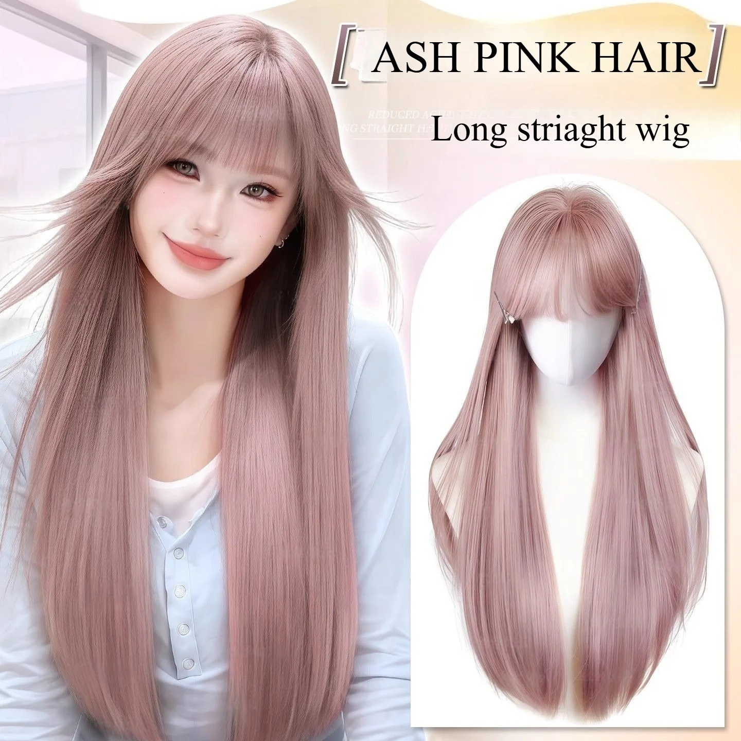 Ashely Pink Wig Lolita 24inch Long Straight Synthetic Wig with Bangs Cute Nature Looking Headband Wig for Women Cosplay Peluca