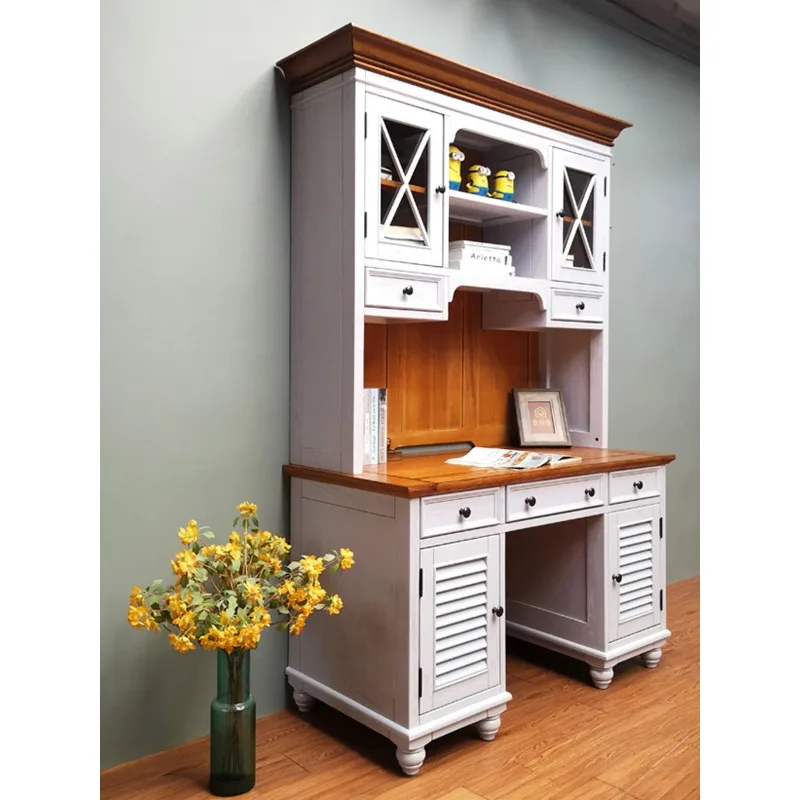 Log computer desk with bookshelf, oak cherry wood custom all solid wood children's desk