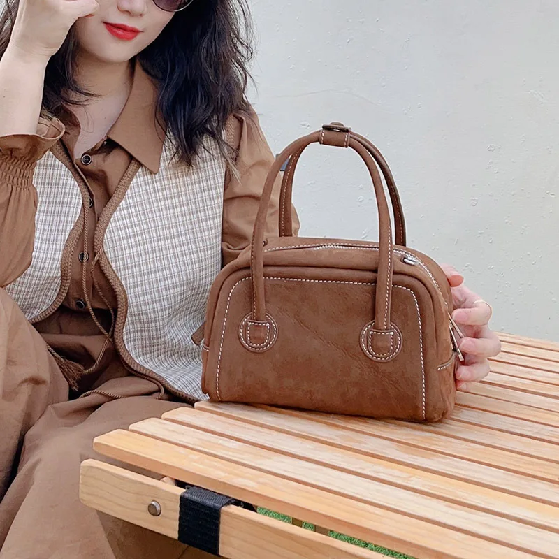 2024 new Korean edition leather women's bag niche design tote bag new mini Boston mini cowhide crossbody handbag