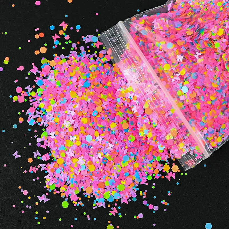 50g Neon Buttefly/Round Dot /Heart/Hexagon Glitter Sequins Mixed-Color Halloween Butterfly Sequins DIY Fluorescent Sequins &*&