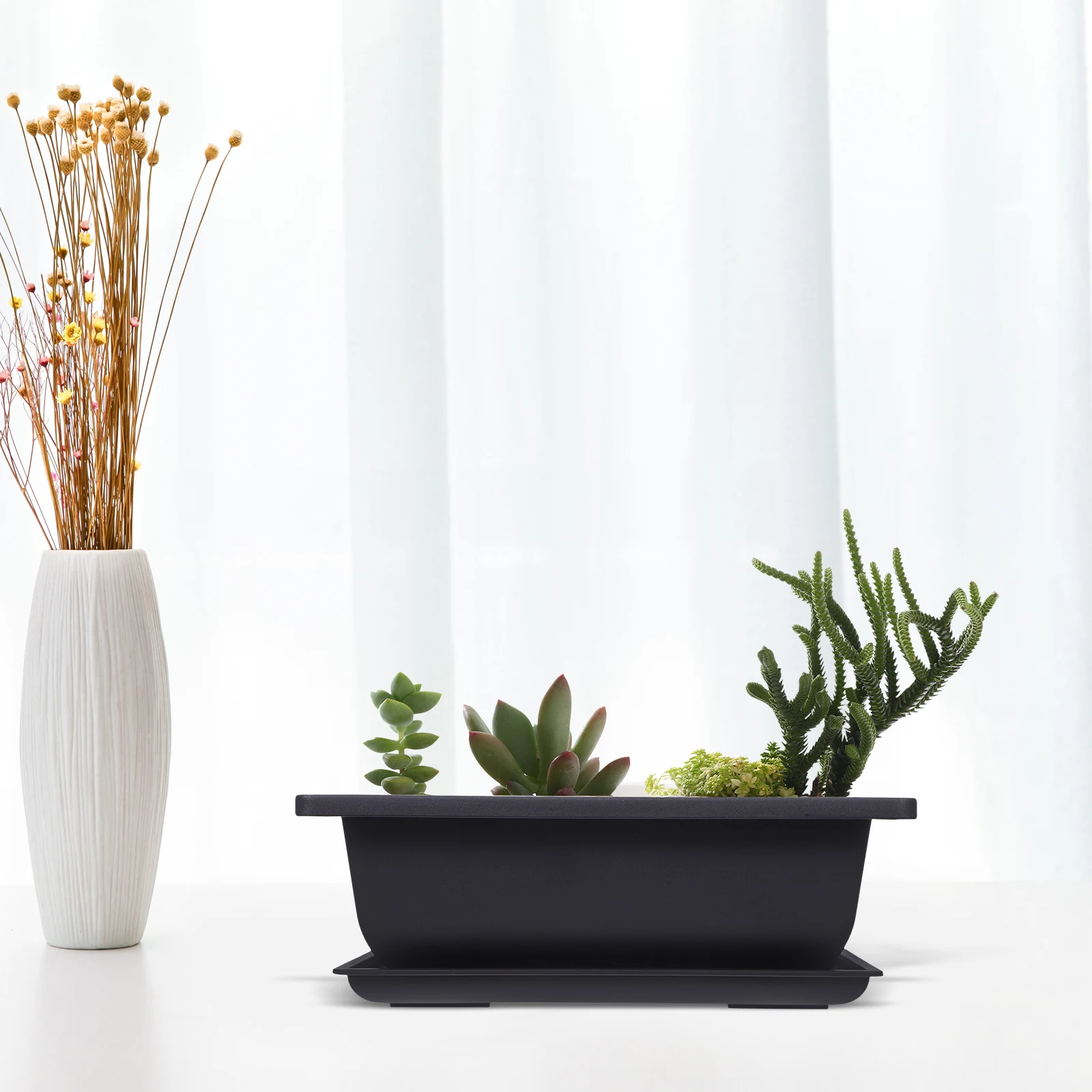 

3 set Rectangular Flower Pots Reusable Garden Containers with Drainage Tray for Bonsai Succulents Plants