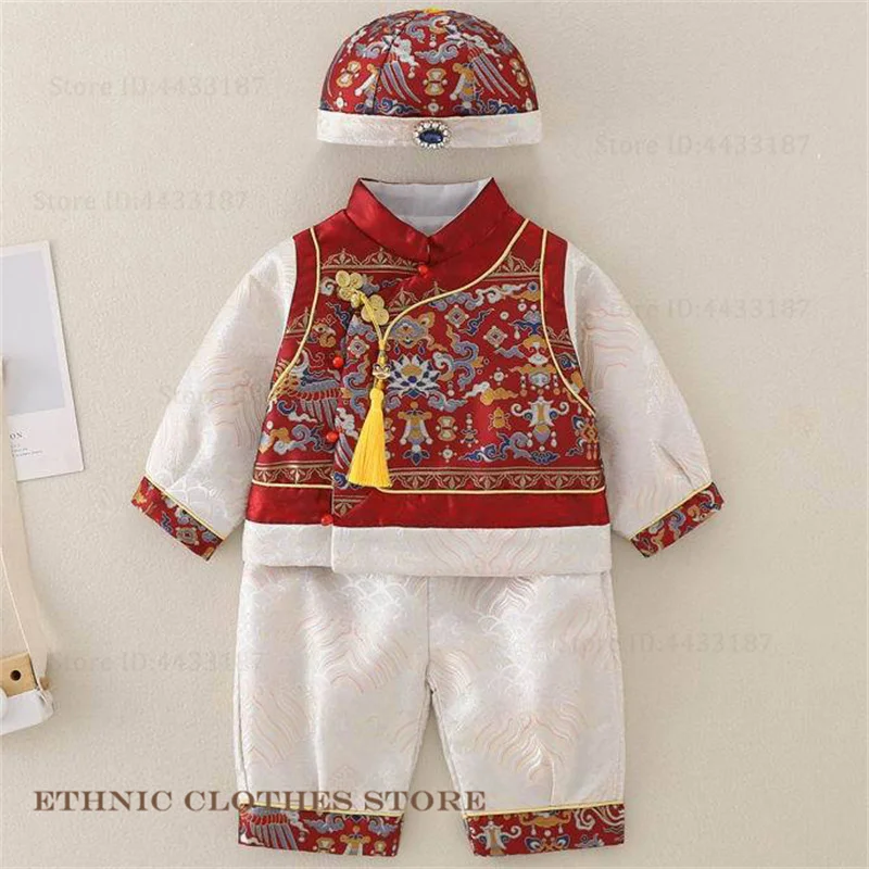 Китайский традиционный детский костюм Тан, парчовый топ ханьфу, брюки, наряд на сто дней, один год, костюм, одежда для фотосъемки