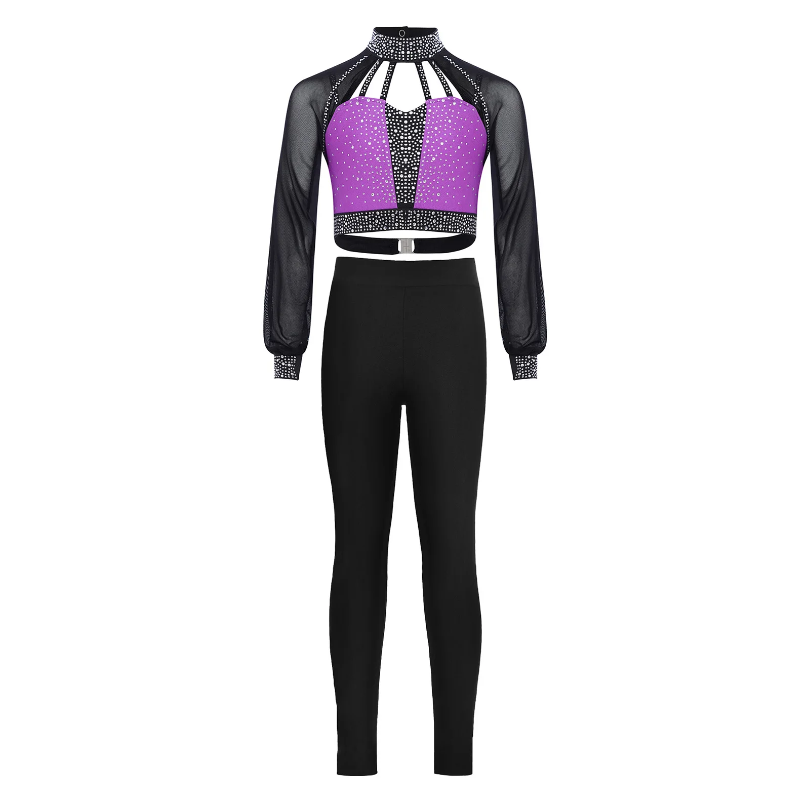 أطفال بنات غنائية الجمباز أزياء رقص طويلة الأكمام انقطاع Strappy لامعة المحاصيل الأعلى طماق لعروض قاعة الرقص الباليه