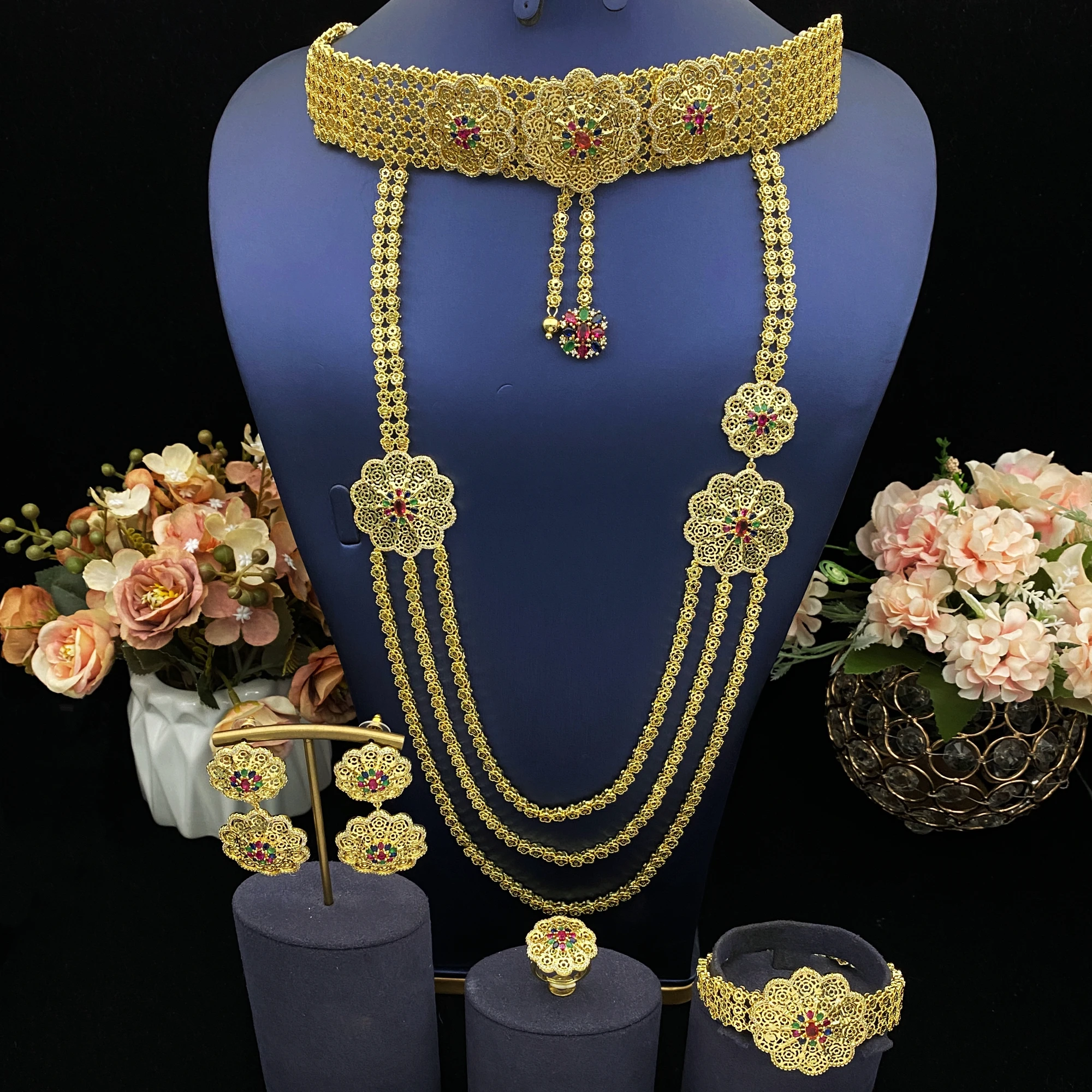 

Африканский этнический стиль, позолоченный медный циркон, женский комплект ювелирных изделий, праздничный браслет, кольцо, длинное ожерелье, серьги, высокое качество