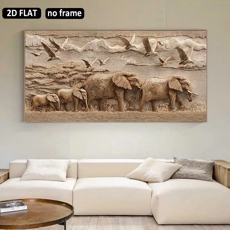 2D Flat, 2D Flat, 2D/Flat Printing 2D Flat, [2D Flat] 1pc 31.49X62.99 Inches/80X160 Cm Large Frameless Wood Carving Elephant Fam