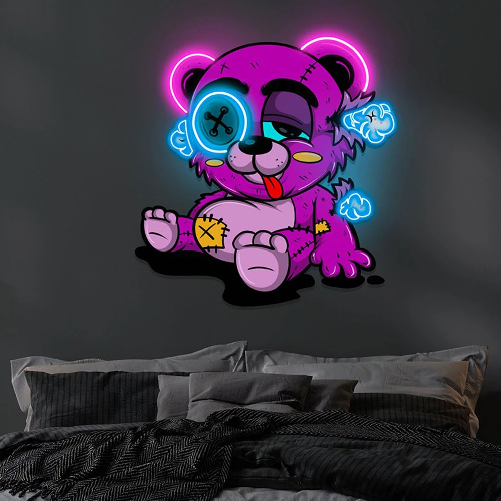 Anime beruang LED karya seni akrilik lampu Neon dinding dalam ruangan untuk anak-anak ruang permainan toko mainan kustom tanda Neon hadiah ulang tahun dipersonalisasi