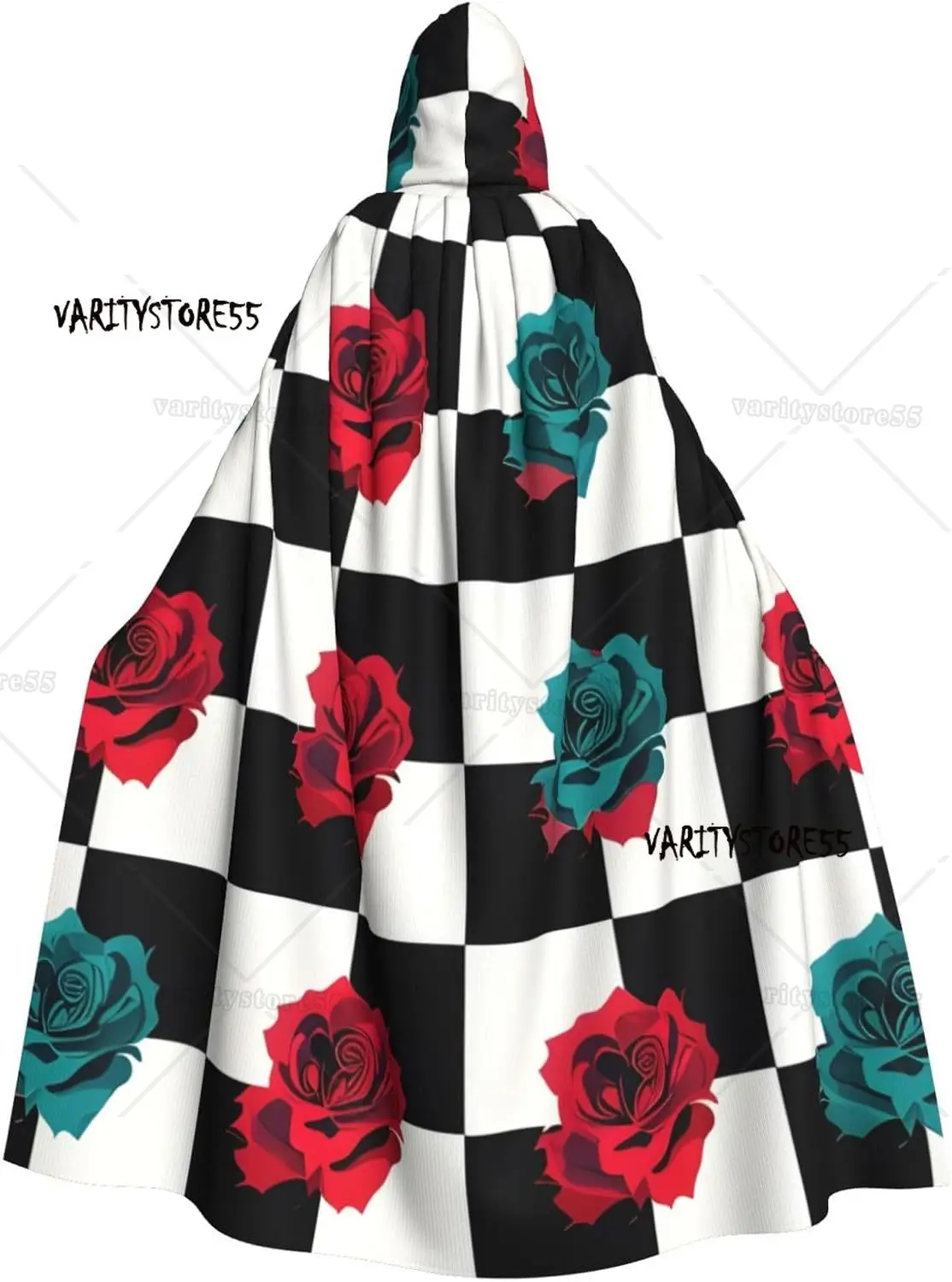 Roses on A Chessboard Adult Halloween Cloak with Hood Comfortable Party Cape for Costumes Cosplay Halloween Parties Hooded Cloak