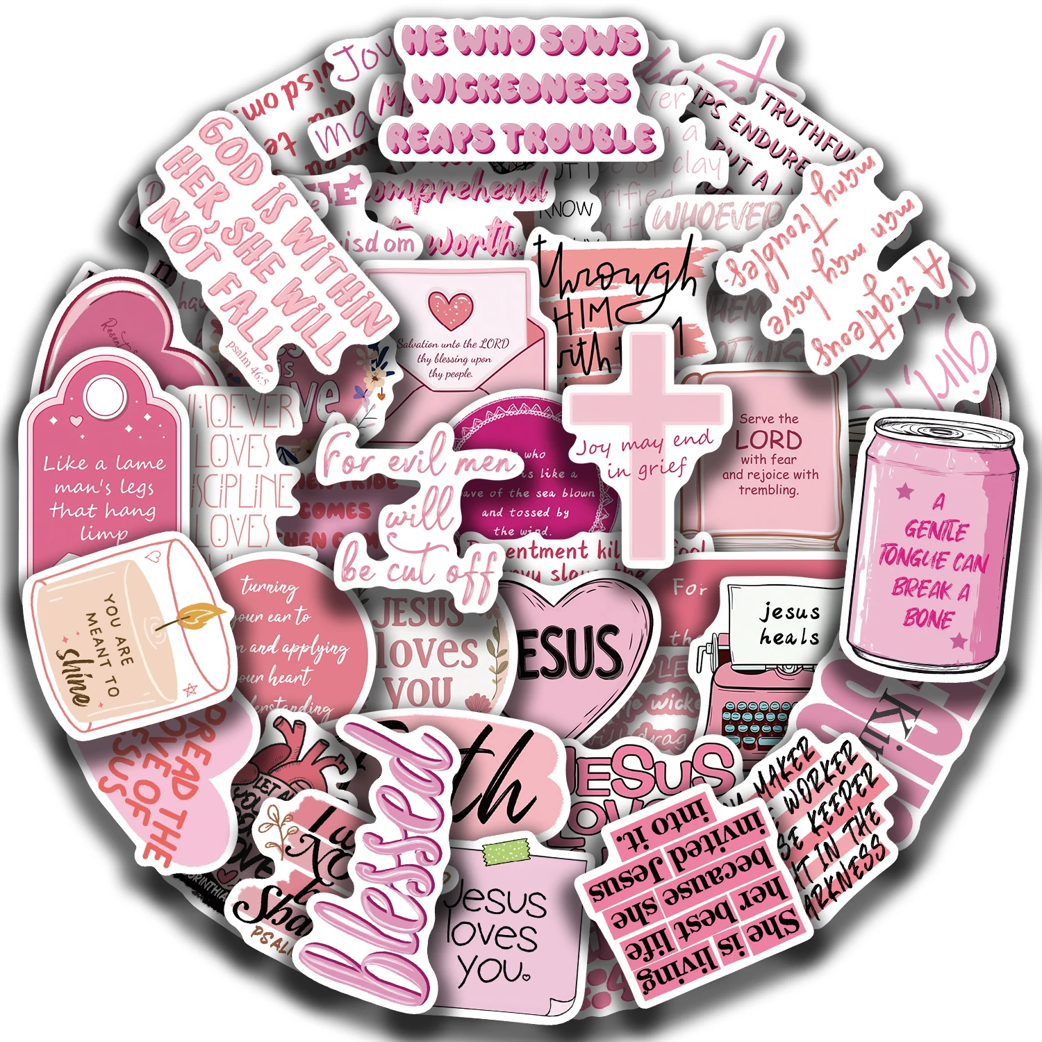 50Pcs Pink Bible Jesus Stickers Vinyl Waterproof for Laptop Phone Case Notebook Water Bottle Toy DIY Decor Sticker