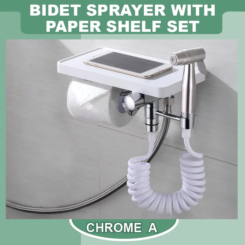 Chrome Bidet Sprayer with Roll Paper Holder Set Bathroom High Pressure Brass Sprayer with Valve Clean WC